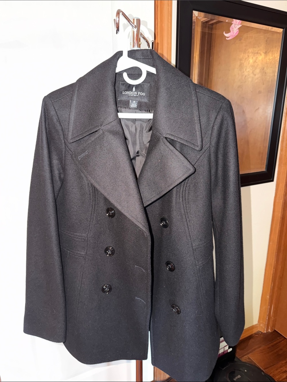 London Fog Black Double-Breasted Women’s Peacoat with Wide Lapels